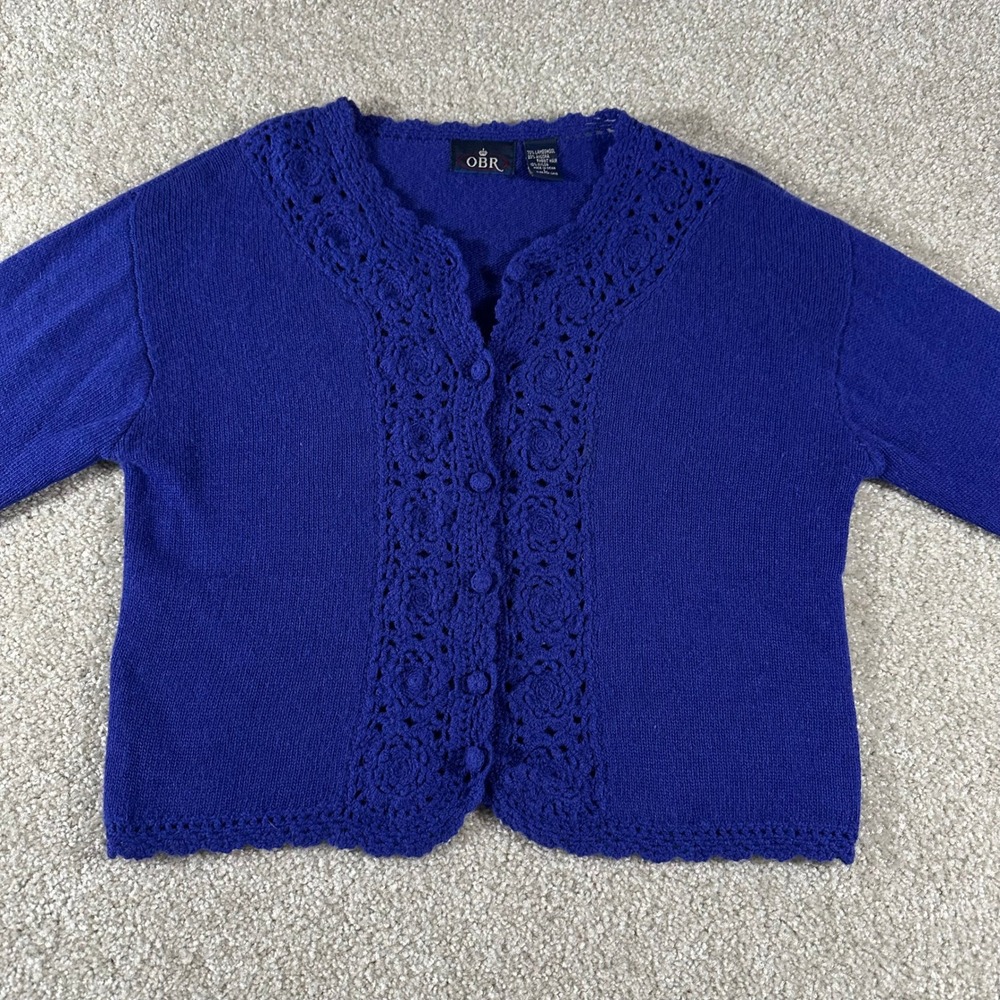 OBR Royal Blue Lambswool Angora Crochet Lace Trim Cardigan Sweater L Cottagecore - Picture 3 of 8